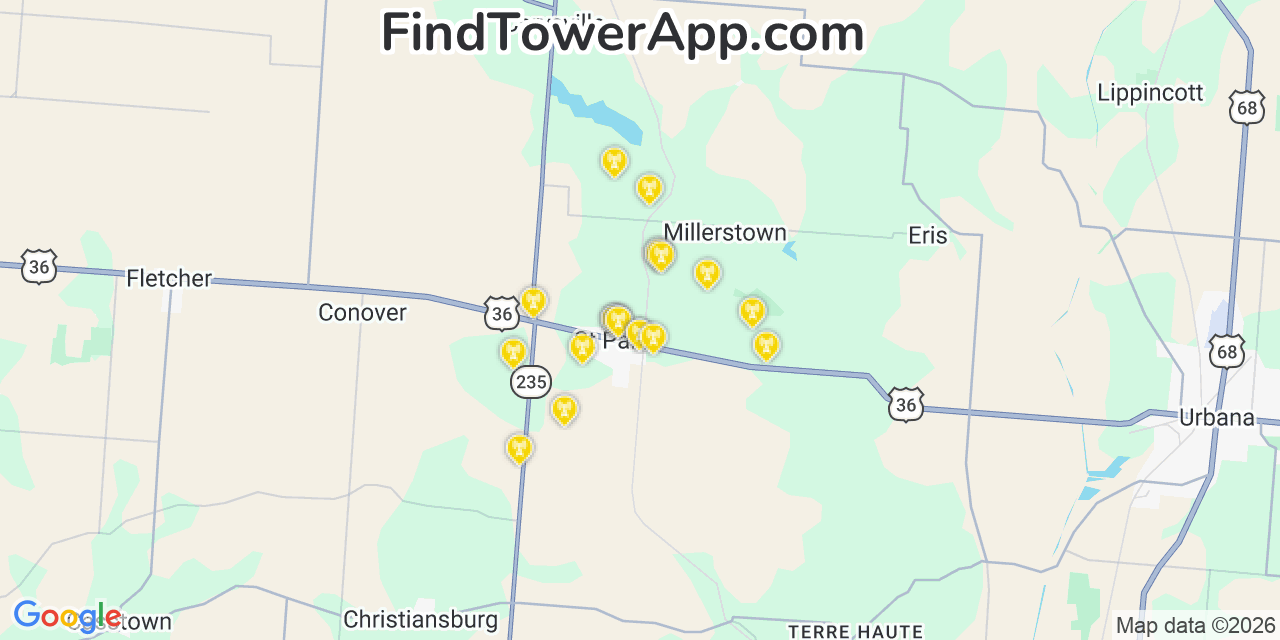 Map showing the 20 primary cell tower locations detected in Saint Paris, Ohio from AT&T, Verizon, and T-Mobile networks