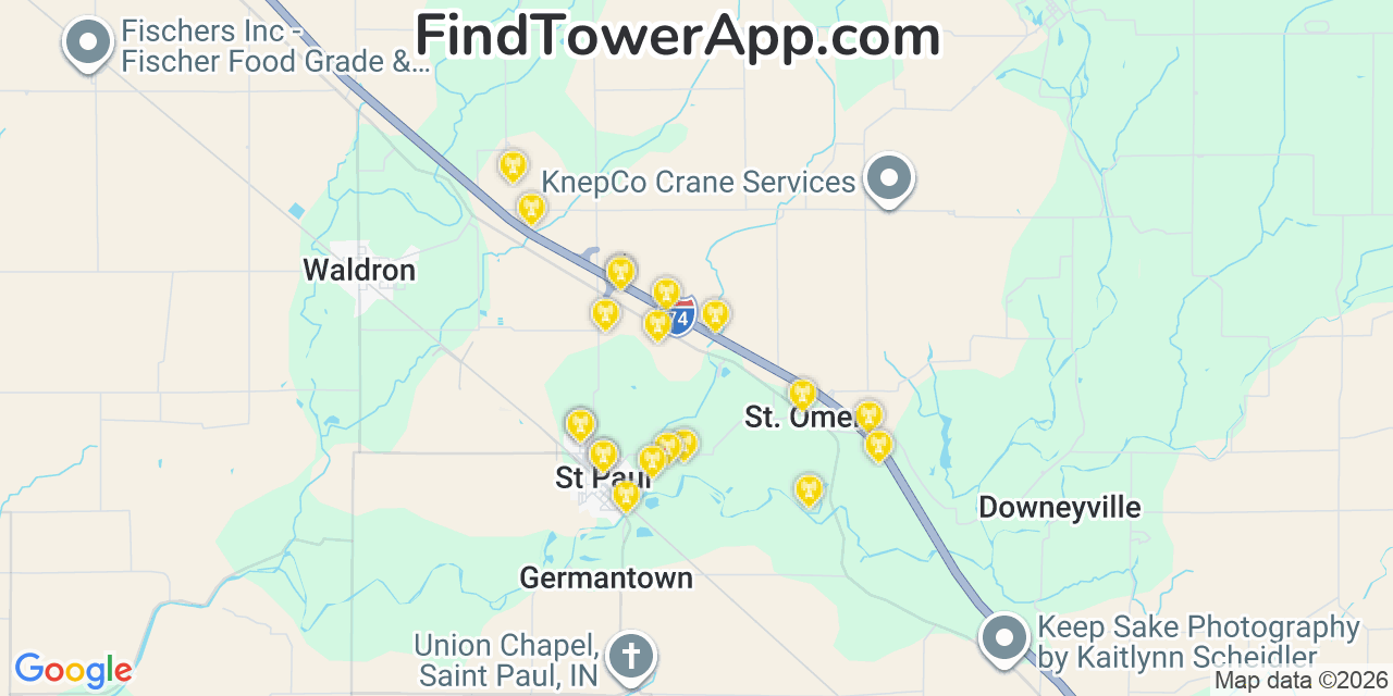 Map showing the 20 primary cell tower locations detected in Saint Paul, Indiana from AT&T, Verizon, and T-Mobile networks