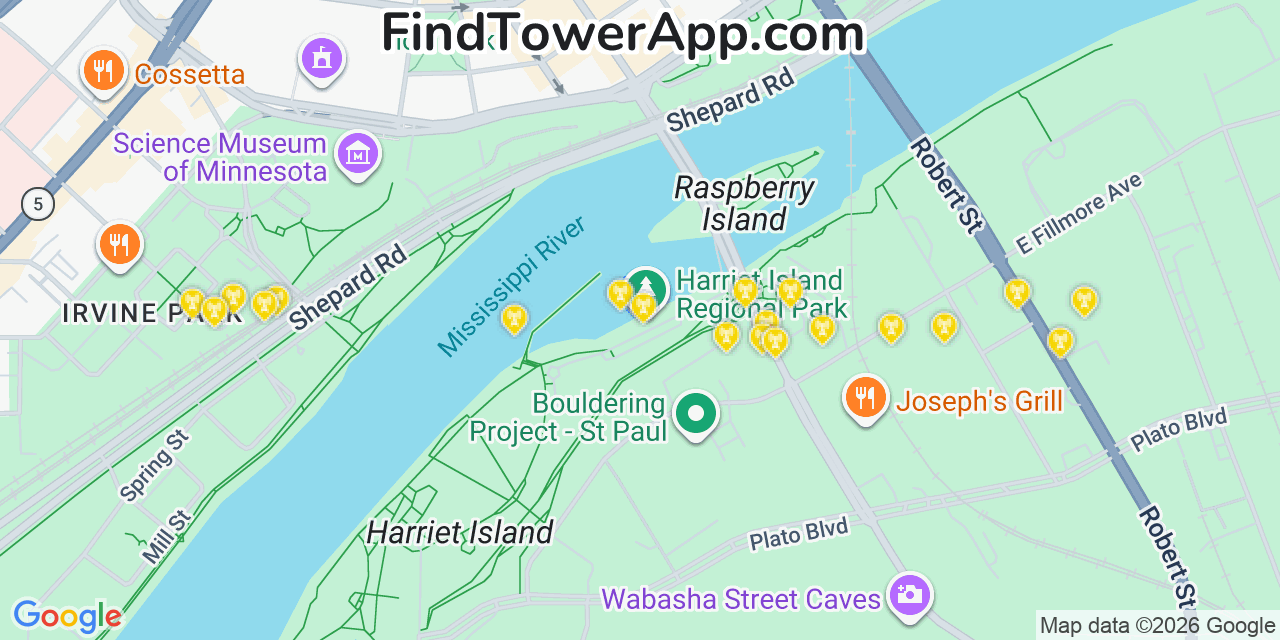 Map showing the 20 primary cell tower locations detected in Saint Paul, Minnesota from AT&T, Verizon, and T-Mobile networks