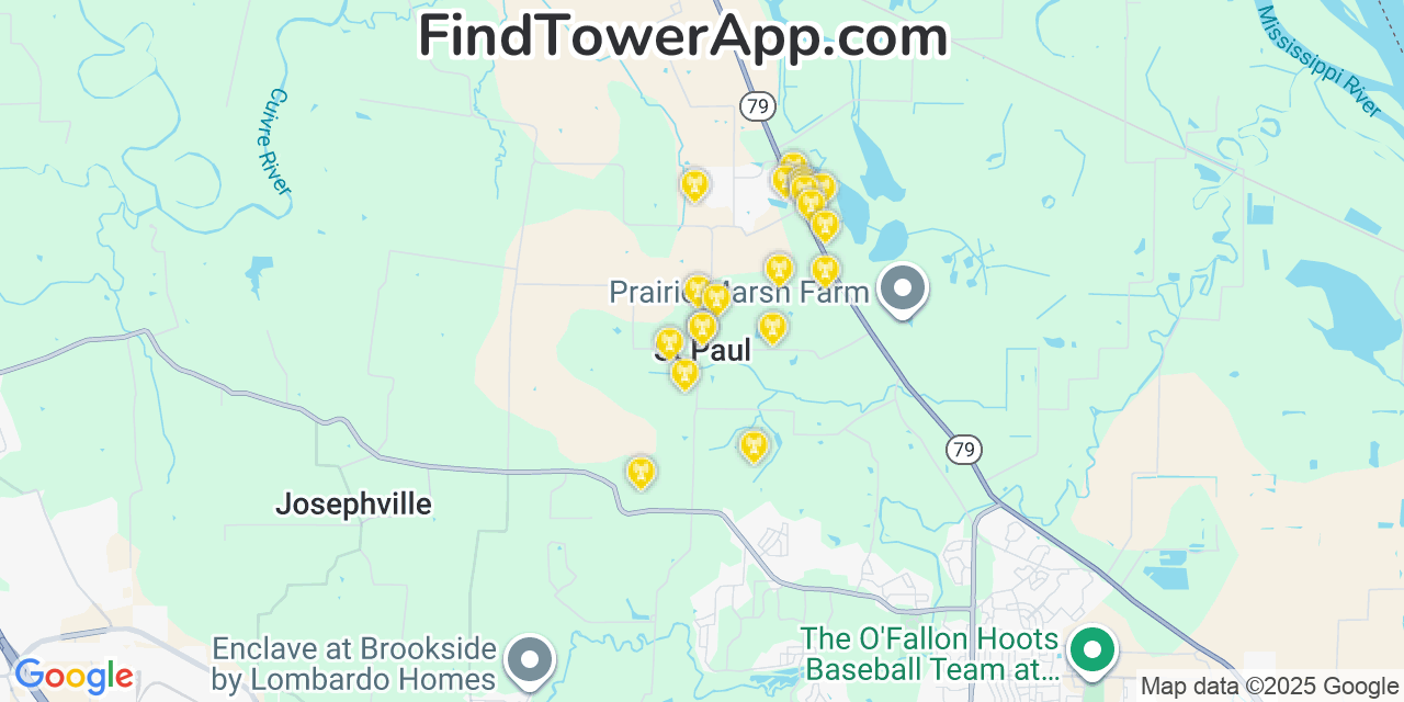 Map showing the 20 primary cell tower locations detected in Saint Paul, Missouri from AT&T, Verizon, and T-Mobile networks