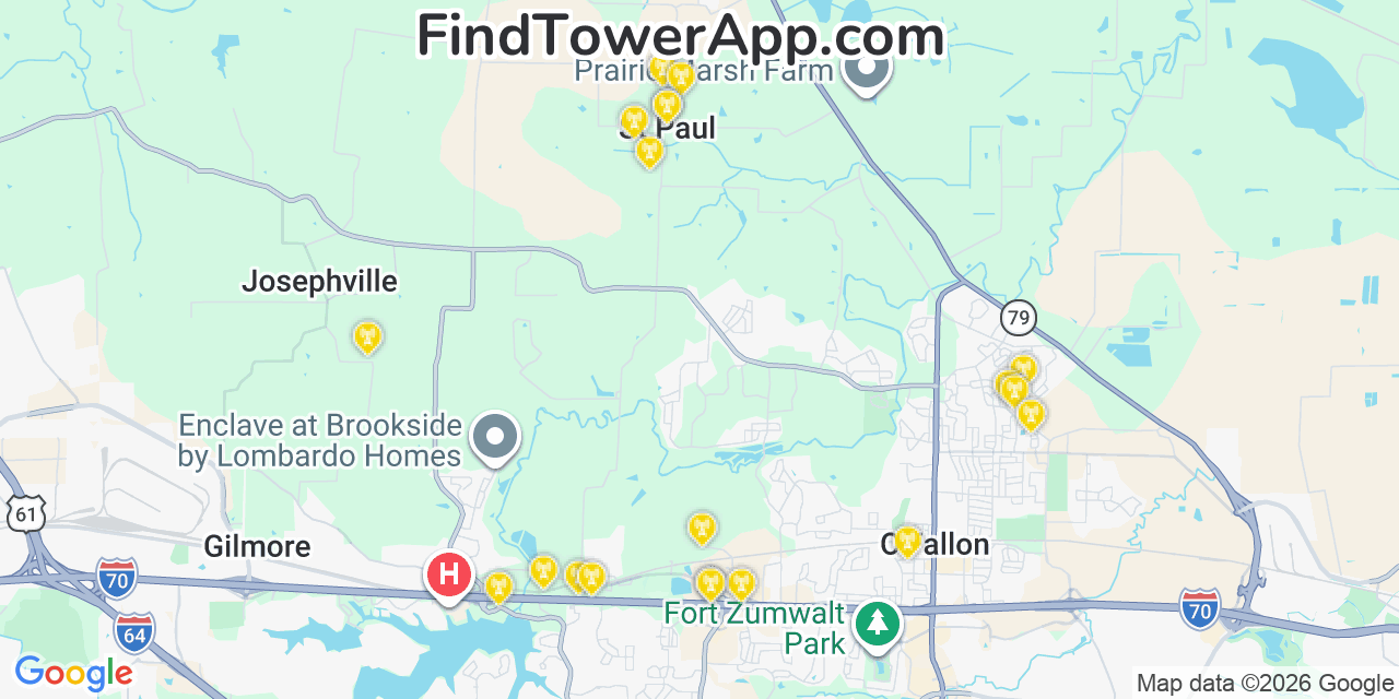 Map showing the 20 primary cell tower locations detected in Saint Paul, Missouri from AT&T, Verizon, and T-Mobile networks