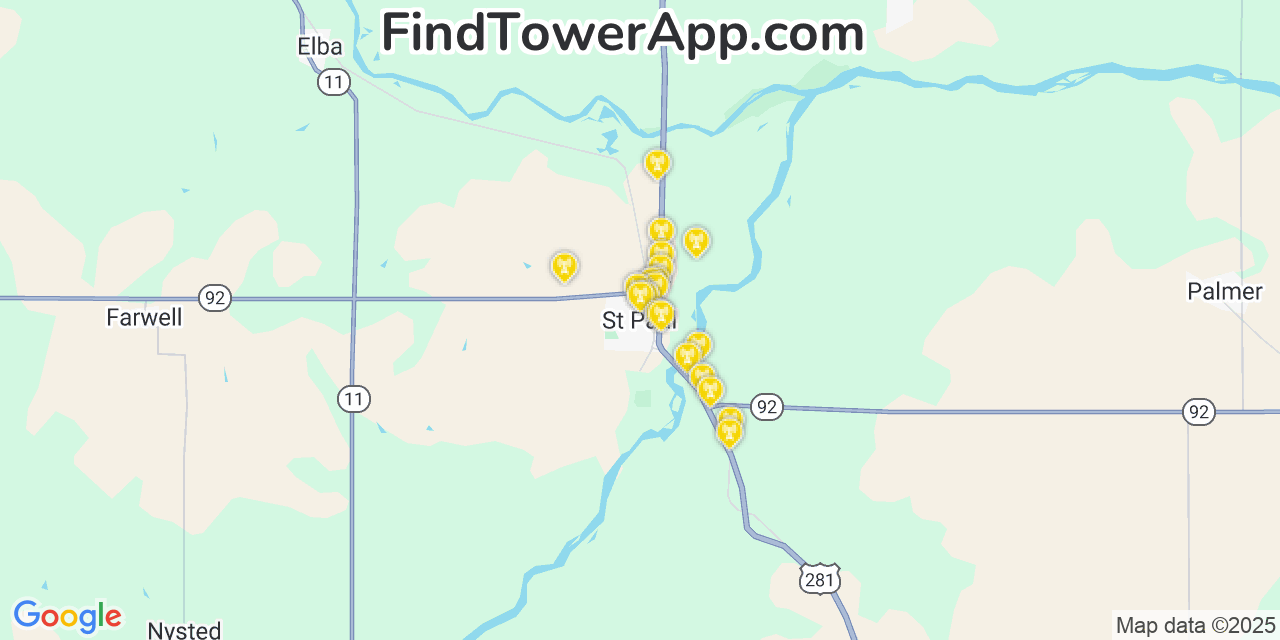 Map showing the 20 primary cell tower locations detected in Saint Paul, Nebraska from AT&T, Verizon, and T-Mobile networks