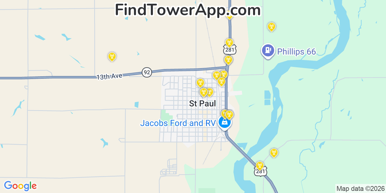 Map showing the 20 primary cell tower locations detected in Saint Paul, Nebraska from AT&T, Verizon, and T-Mobile networks