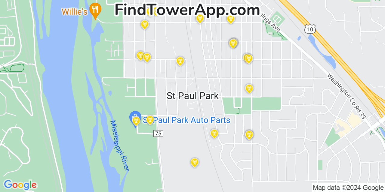 AT&T 4G/5G cell tower coverage map Saint Paul Park, Minnesota