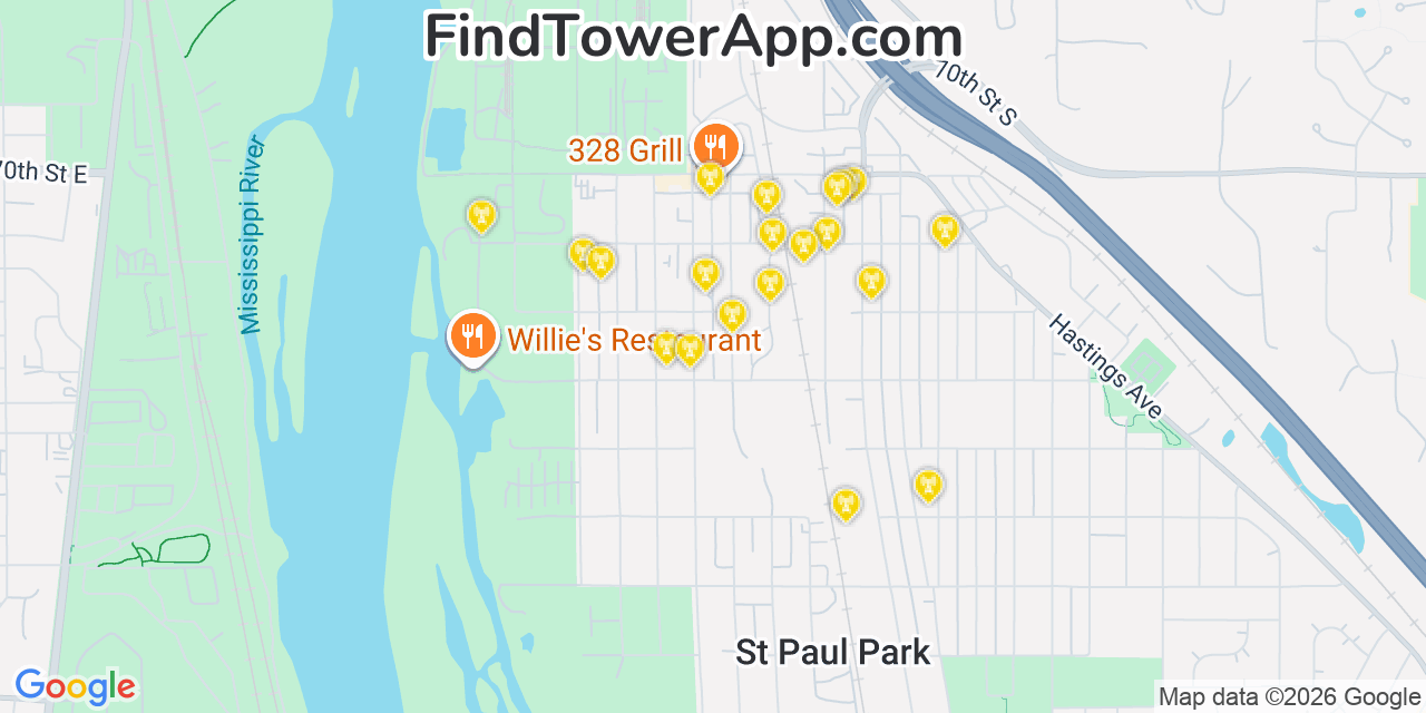 Map showing the 20 primary cell tower locations detected in Saint Paul Park, Minnesota from AT&T, Verizon, and T-Mobile networks