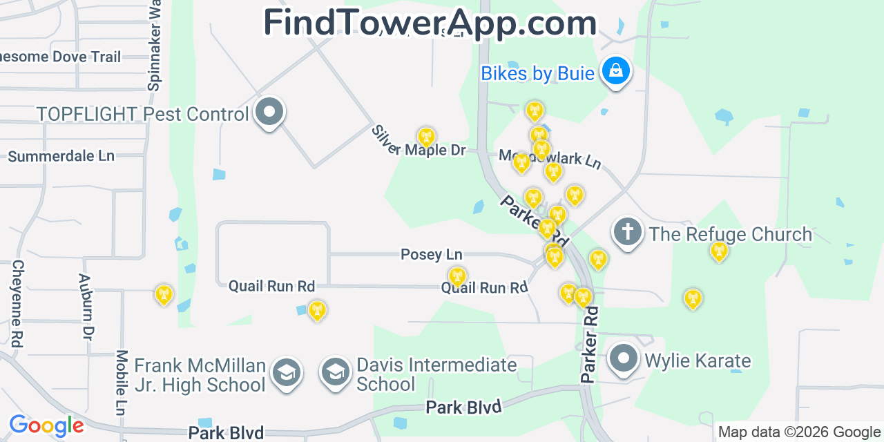 Map showing the 20 primary cell tower locations detected in Saint Paul, Texas from AT&T, Verizon, and T-Mobile networks