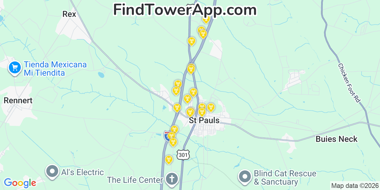 Map showing the 20 primary cell tower locations detected in Saint Pauls, North Carolina from AT&T, Verizon, and T-Mobile networks
