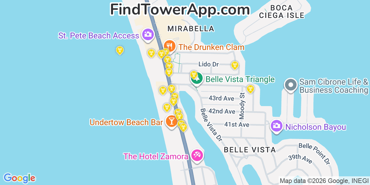 Map showing the 20 primary cell tower locations detected in Saint Pete Beach, Florida from AT&T, Verizon, and T-Mobile networks