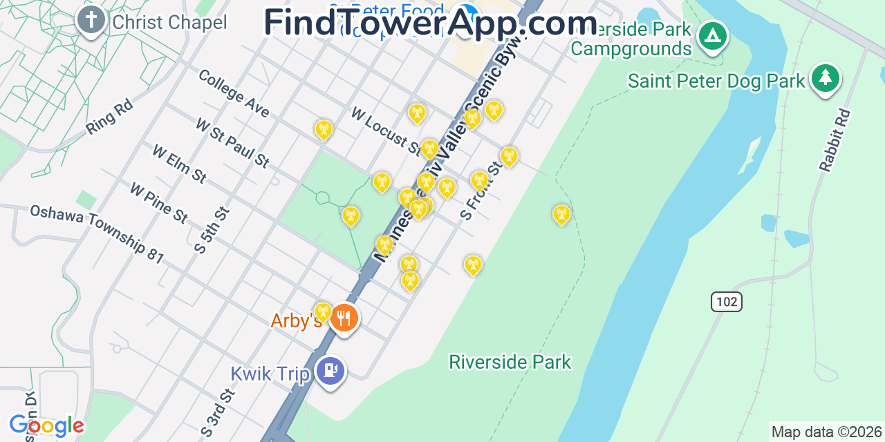 Map showing the 20 primary cell tower locations detected in Saint Peter, Minnesota from AT&T, Verizon, and T-Mobile networks