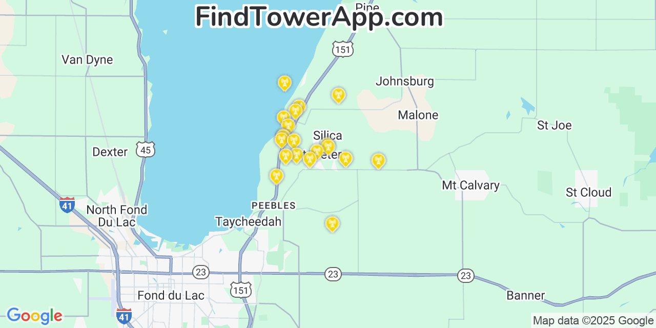 Map showing the 20 primary cell tower locations detected in Saint Peter, Wisconsin from AT&T, Verizon, and T-Mobile networks