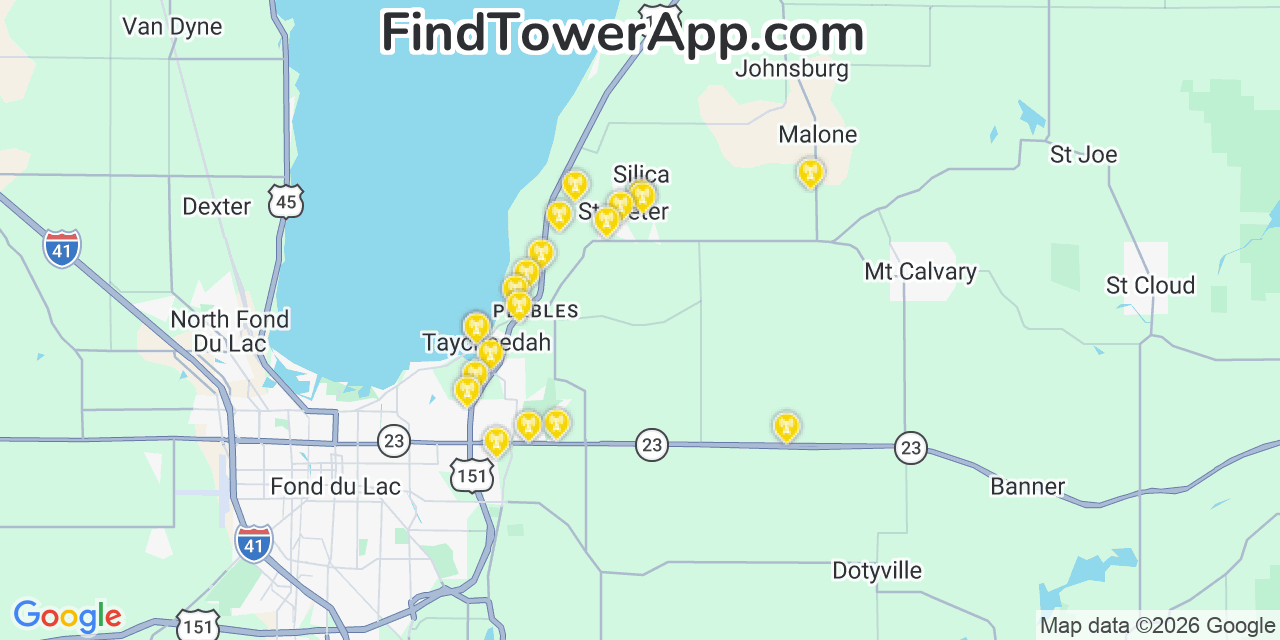 Map showing the 20 primary cell tower locations detected in Saint Peter, Wisconsin from AT&T, Verizon, and T-Mobile networks
