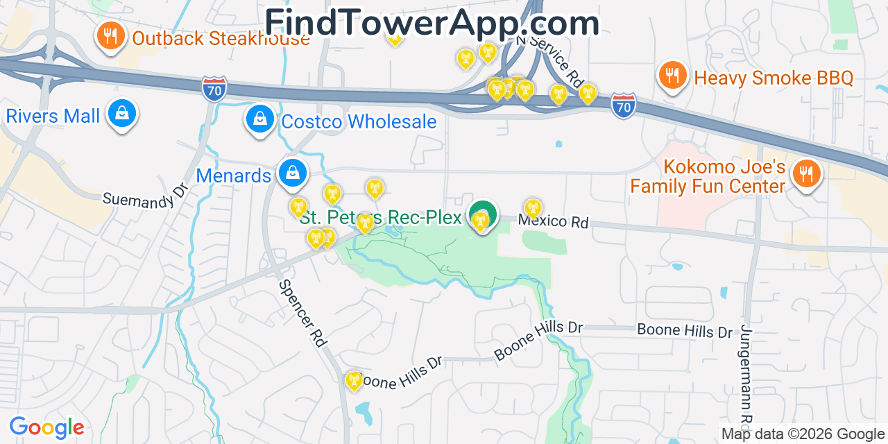 Map showing the 20 primary cell tower locations detected in Saint Peters, Missouri from AT&T, Verizon, and T-Mobile networks