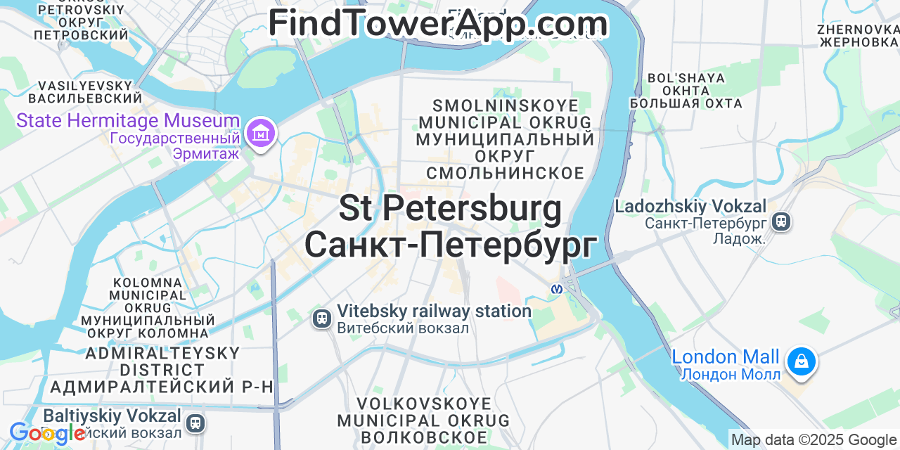 Map showing the 0 primary Beeline cell tower locations detected in Saint Petersburg, Russia with coverage radius and signal strength indicators
