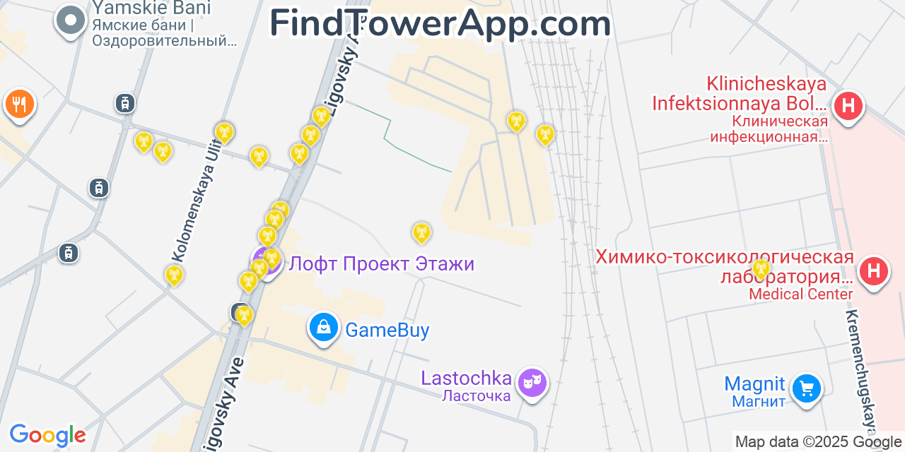 Map showing the 20 primary cell tower locations detected in Saint Petersburg, Russia with coverage areas and signal strength