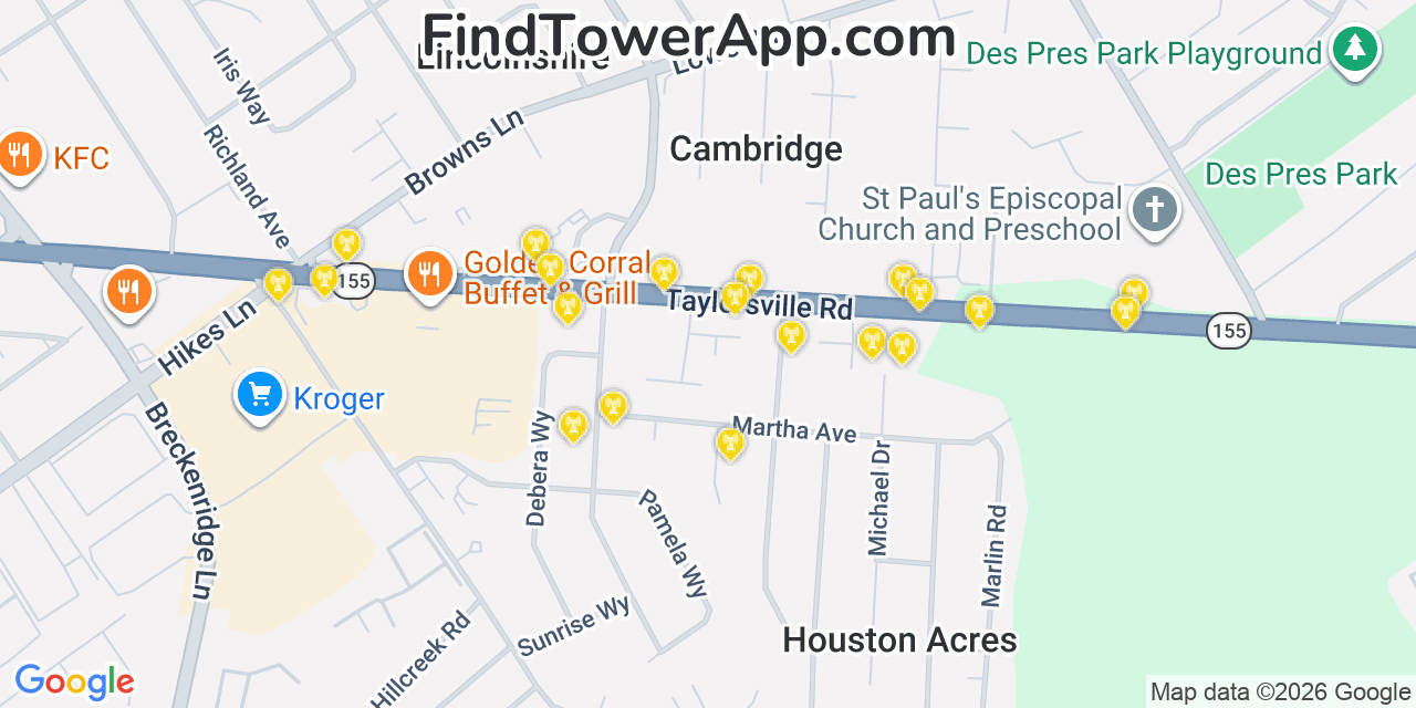 Map showing the 20 primary cell tower locations detected in Saint Regis Park, Kentucky from AT&T, Verizon, and T-Mobile networks
