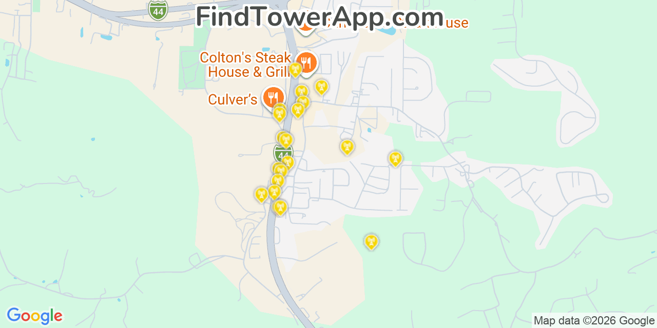 Map showing the 20 primary cell tower locations detected in Saint Robert, Missouri from AT&T, Verizon, and T-Mobile networks