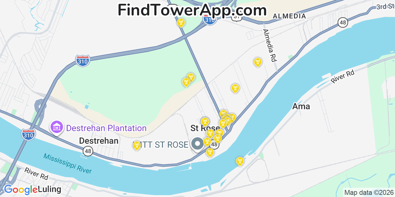 Map showing the 20 primary cell tower locations detected in Saint Rose, Louisiana from AT&T, Verizon, and T-Mobile networks