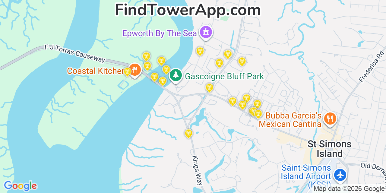 Map showing the 20 primary cell tower locations detected in Saint Simon Mills, Georgia from AT&T, Verizon, and T-Mobile networks