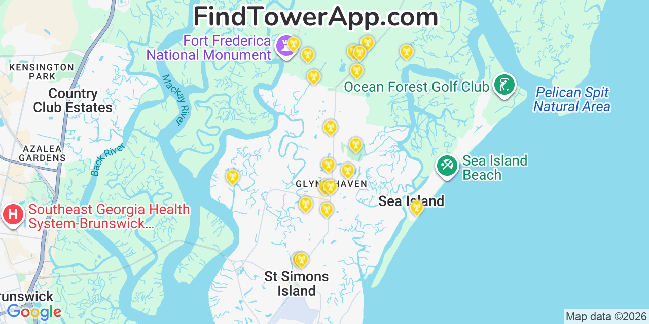 Map showing the 20 primary cell tower locations detected in Saint Simons Island, Georgia from AT&T, Verizon, and T-Mobile networks