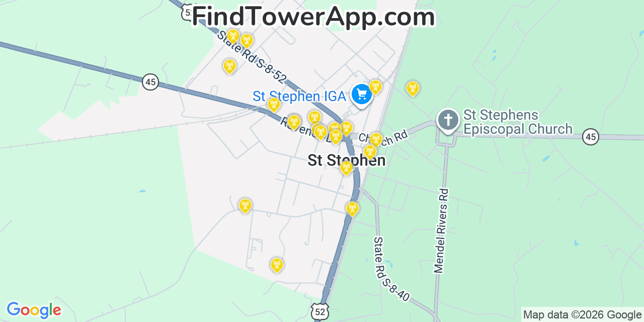 Map showing the 20 primary cell tower locations detected in Saint Stephen, South Carolina from AT&T, Verizon, and T-Mobile networks