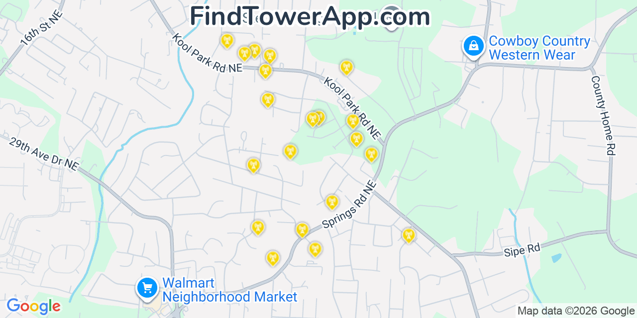Map showing the 20 primary cell tower locations detected in Saint Stephens, North Carolina from AT&T, Verizon, and T-Mobile networks