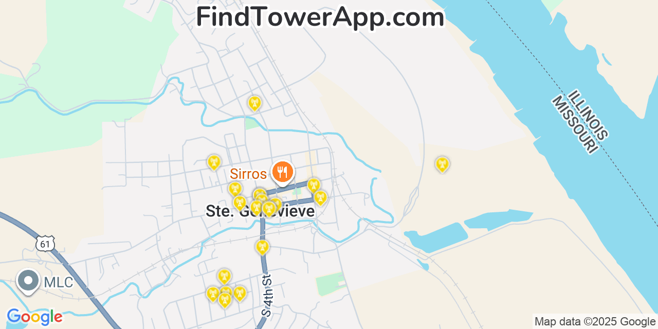 Map showing the 20 primary cell tower locations detected in Sainte Genevieve, Missouri from AT&T, Verizon, and T-Mobile networks