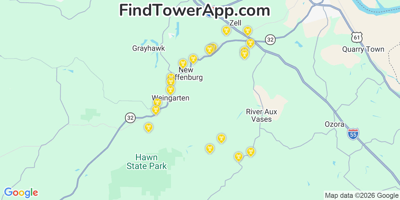 Map showing the 20 primary cell tower locations detected in Sainte Genevieve, Missouri from AT&T, Verizon, and T-Mobile networks