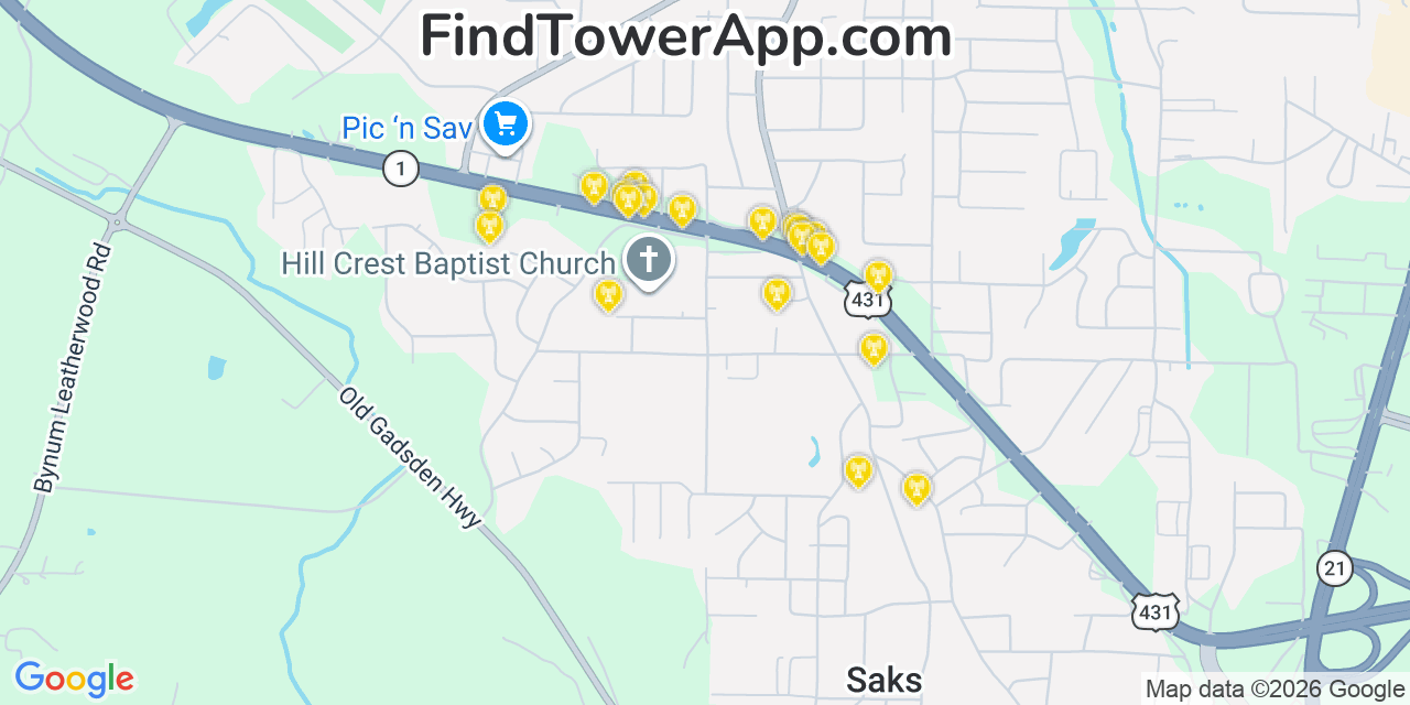 Map showing the 20 primary cell tower locations detected in Saks, Alabama from AT&T, Verizon, and T-Mobile networks