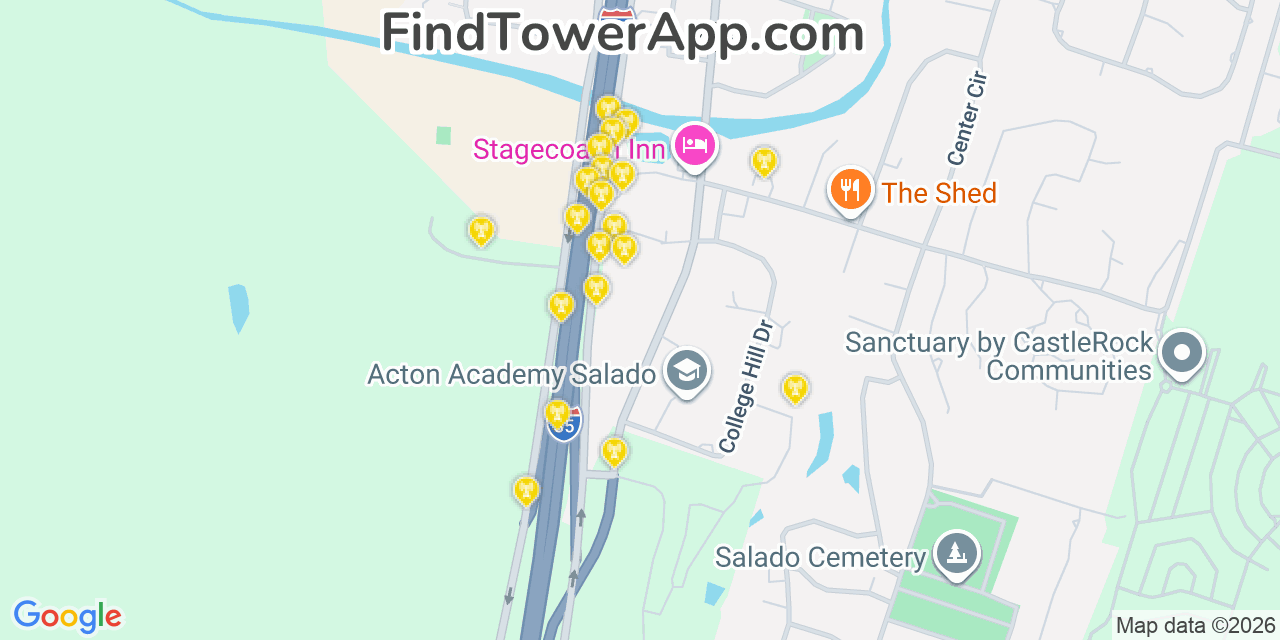 Map showing the 20 primary cell tower locations detected in Salado, Texas from AT&T, Verizon, and T-Mobile networks