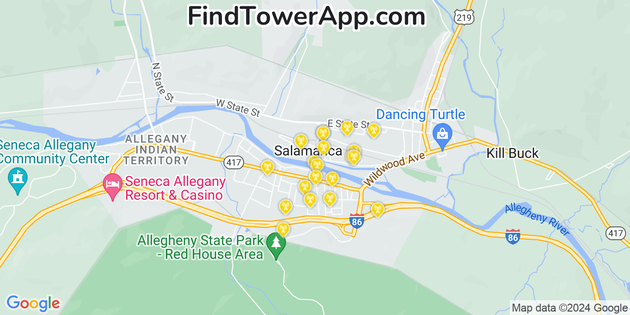 AT&T 4G/5G cell tower coverage map Salamanca, New York