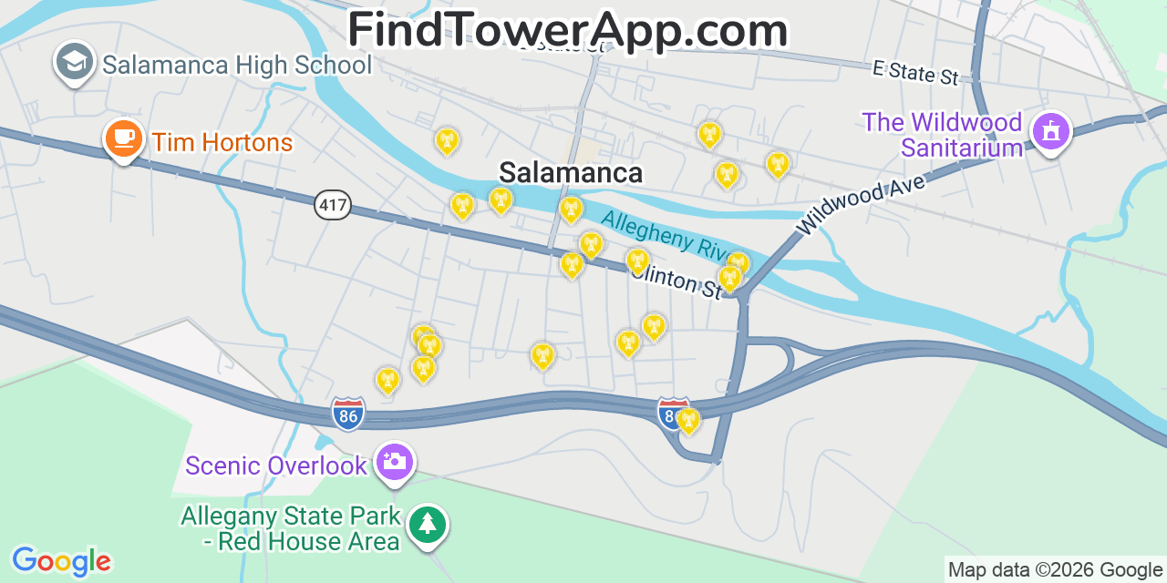 Map showing the 20 primary cell tower locations detected in Salamanca, New York from AT&T, Verizon, and T-Mobile networks