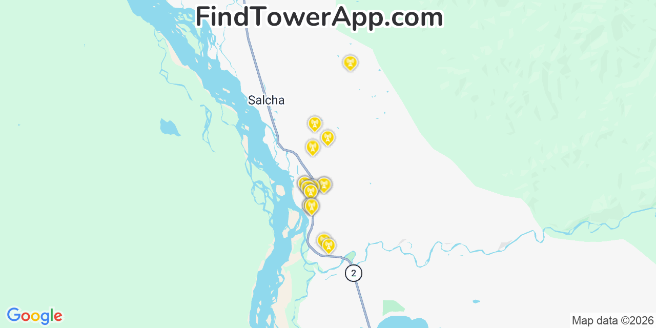Map showing the 20 primary cell tower locations detected in Salcha, Alaska from AT&T, Verizon, and T-Mobile networks