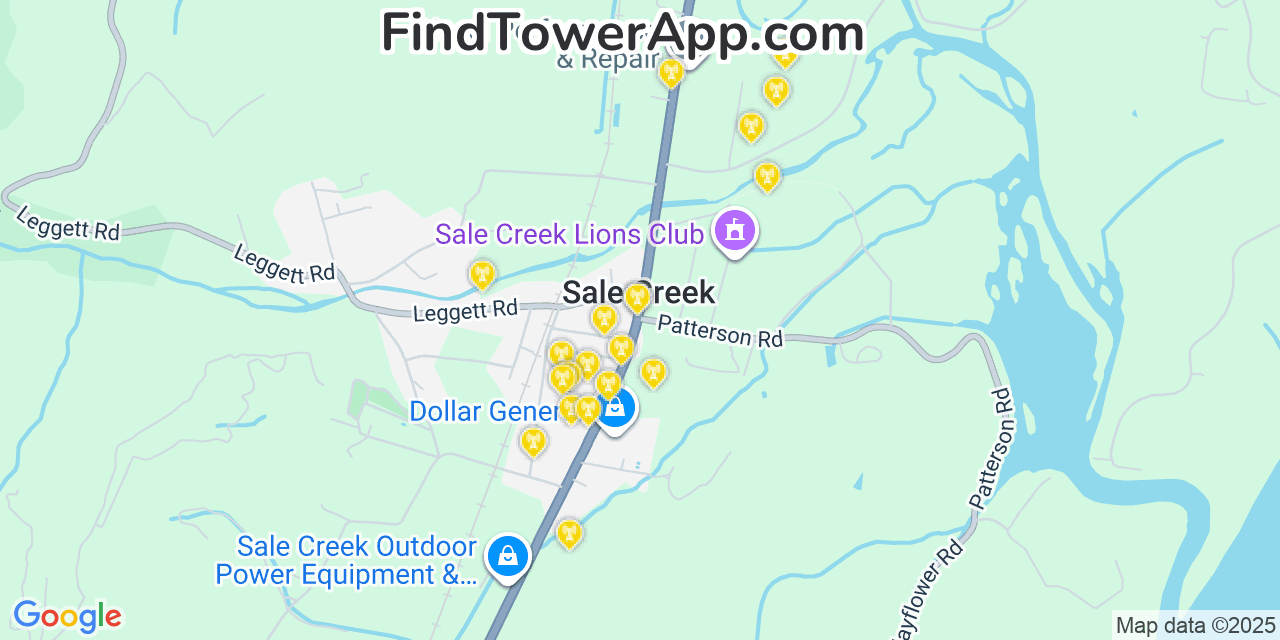 Map showing the 20 primary cell tower locations detected in Sale Creek, Tennessee from AT&T, Verizon, and T-Mobile networks