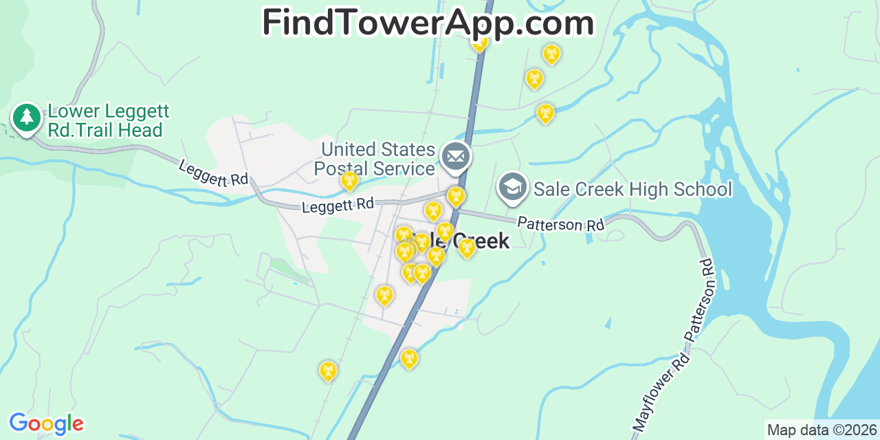 Map showing the 20 primary cell tower locations detected in Sale Creek, Tennessee from AT&T, Verizon, and T-Mobile networks