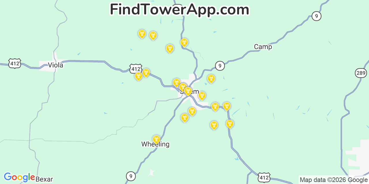 Map showing the 20 primary cell tower locations detected in Salem, Arkansas from AT&T, Verizon, and T-Mobile networks