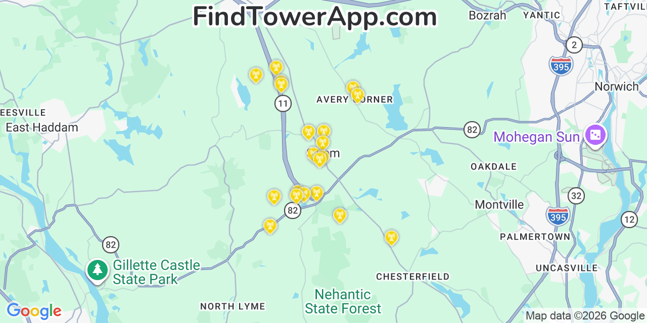Map showing the 20 primary cell tower locations detected in Salem, Connecticut from AT&T, Verizon, and T-Mobile networks