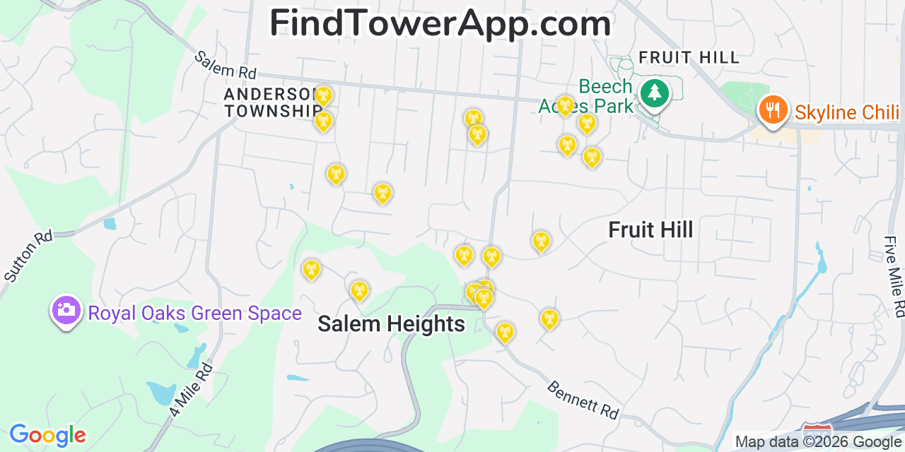 Map showing the 20 primary cell tower locations detected in Salem Heights, Ohio from AT&T, Verizon, and T-Mobile networks