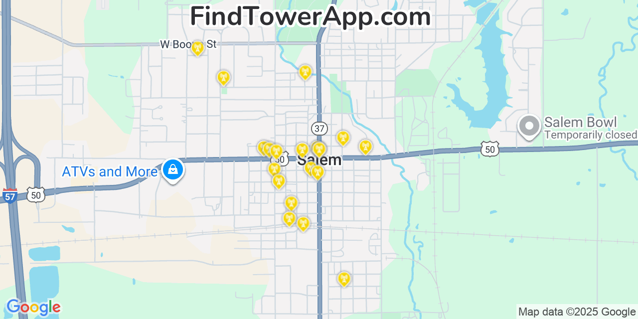 Map showing the 20 primary cell tower locations detected in Salem, Illinois from AT&T, Verizon, and T-Mobile networks