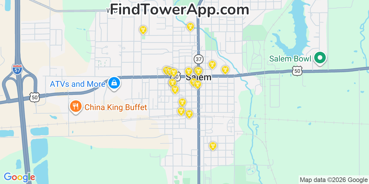 Map showing the 20 primary cell tower locations detected in Salem, Illinois from AT&T, Verizon, and T-Mobile networks