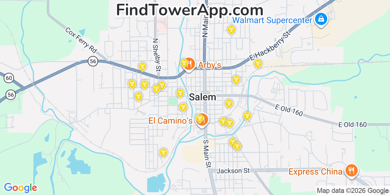 Map showing the 20 primary cell tower locations detected in Salem, Indiana from AT&T, Verizon, and T-Mobile networks