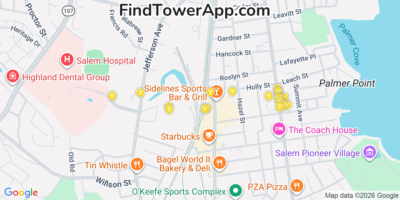 Map showing the 20 primary cell tower locations detected in Salem, Massachusetts from AT&T, Verizon, and T-Mobile networks