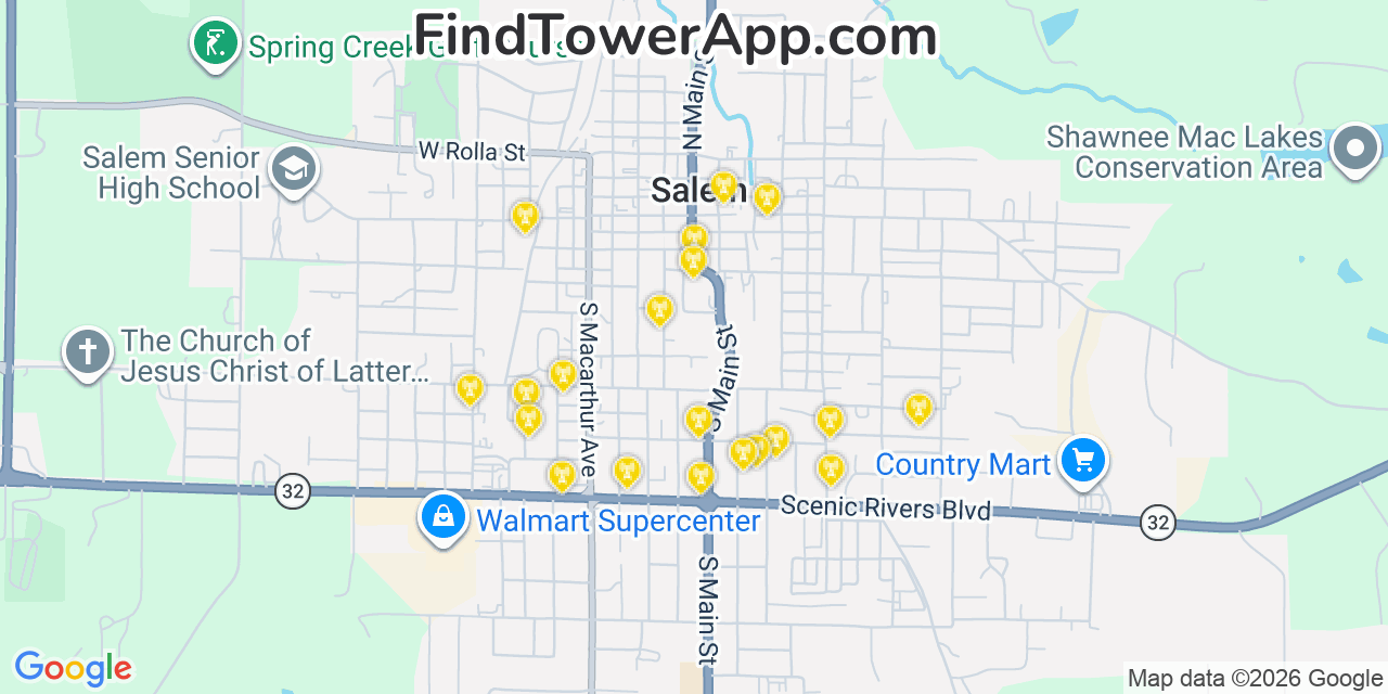 Map showing the 20 primary cell tower locations detected in Salem, Missouri from AT&T, Verizon, and T-Mobile networks