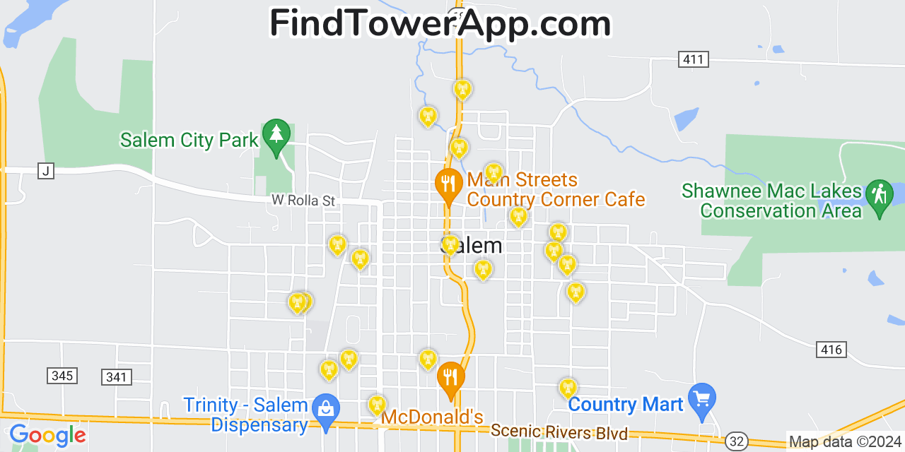 Verizon 4G/5G cell tower coverage map Salem, Missouri