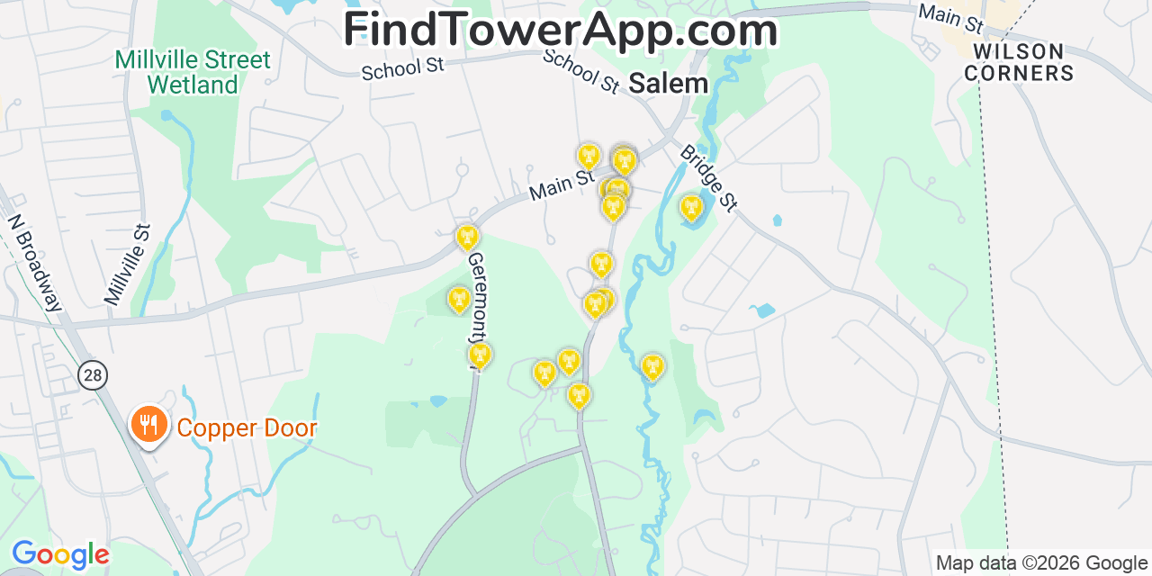 Map showing the 20 primary cell tower locations detected in Salem, New Hampshire from AT&T, Verizon, and T-Mobile networks