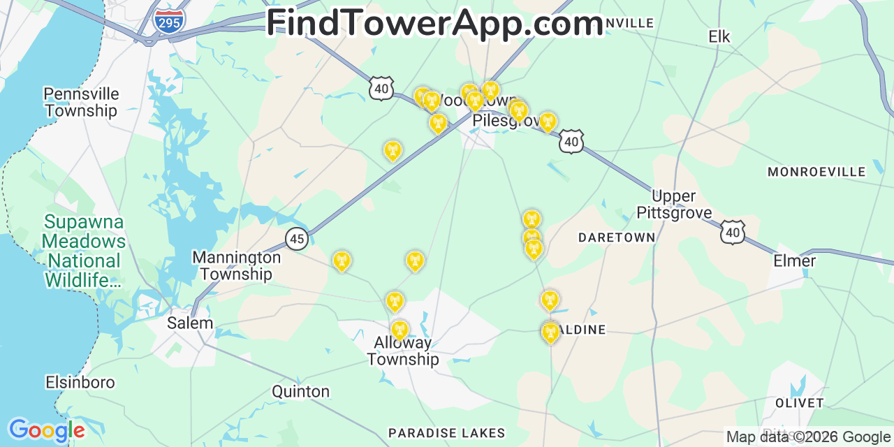 Map showing the 20 primary cell tower locations detected in Salem, New Jersey from AT&T, Verizon, and T-Mobile networks