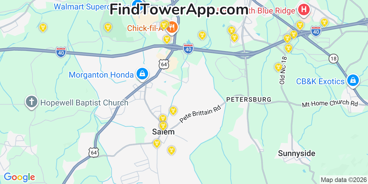 Map showing the 20 primary cell tower locations detected in Salem, North Carolina from AT&T, Verizon, and T-Mobile networks