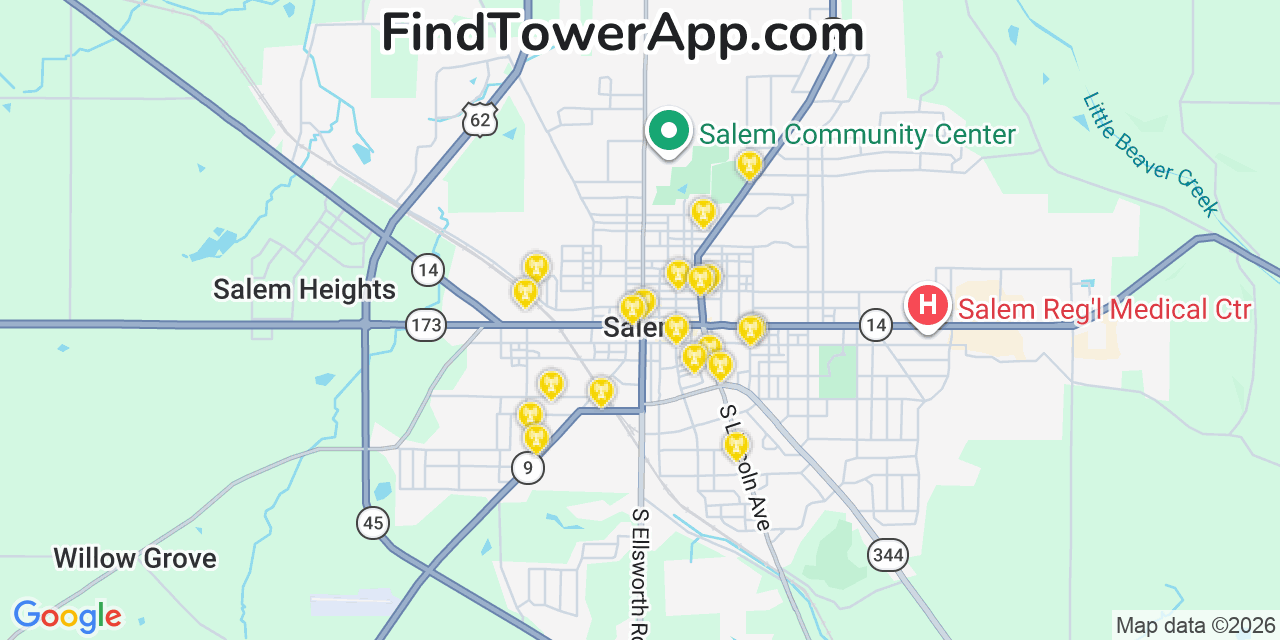Map showing the 20 primary cell tower locations detected in Salem, Ohio from AT&T, Verizon, and T-Mobile networks