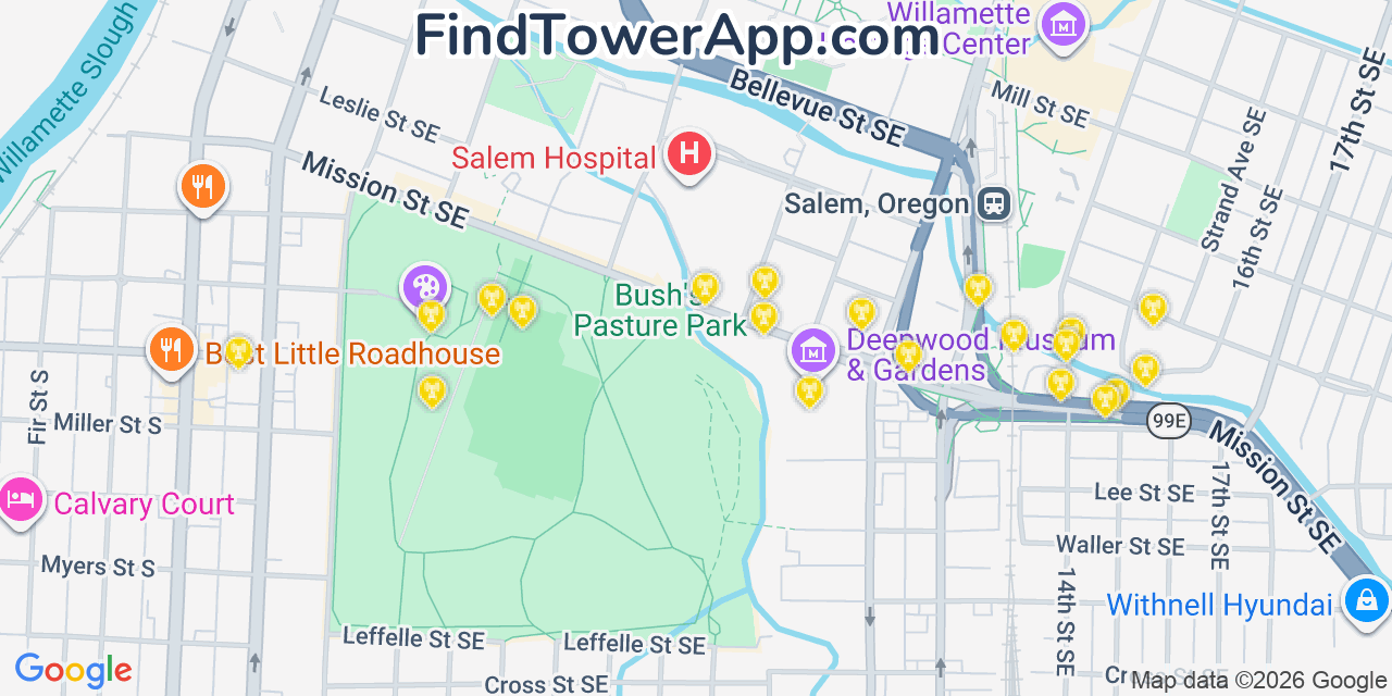 Map showing the 20 primary cell tower locations detected in Salem, Oregon from AT&T, Verizon, and T-Mobile networks