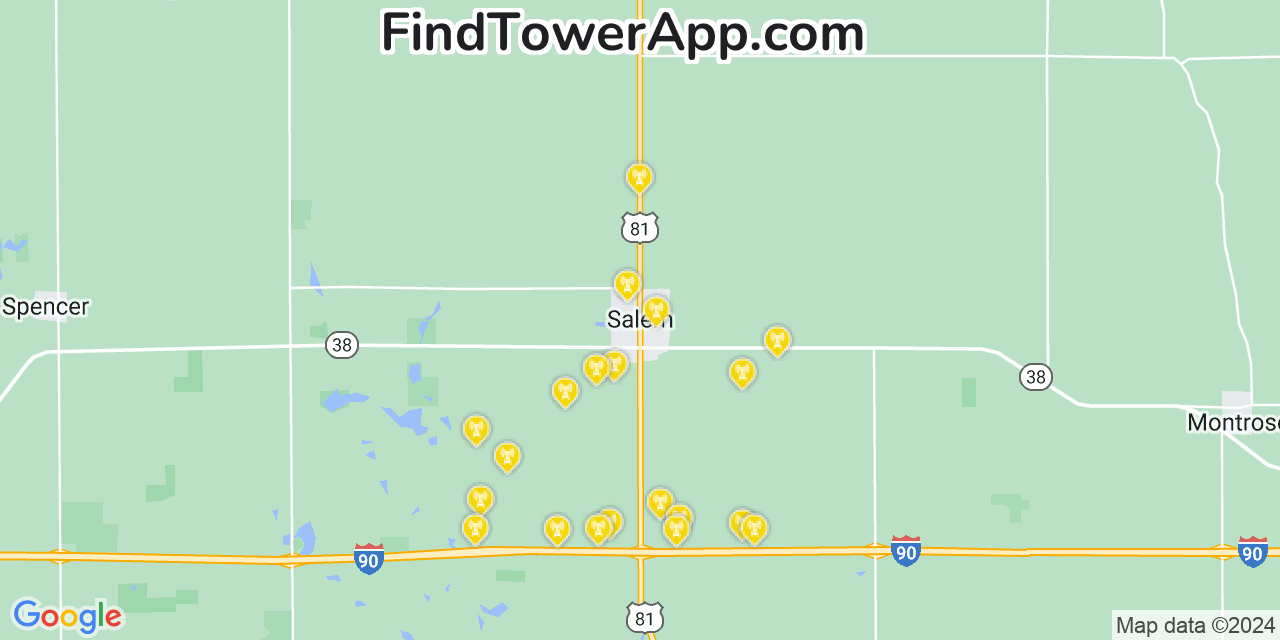 AT&T 4G/5G cell tower coverage map Salem, South Dakota