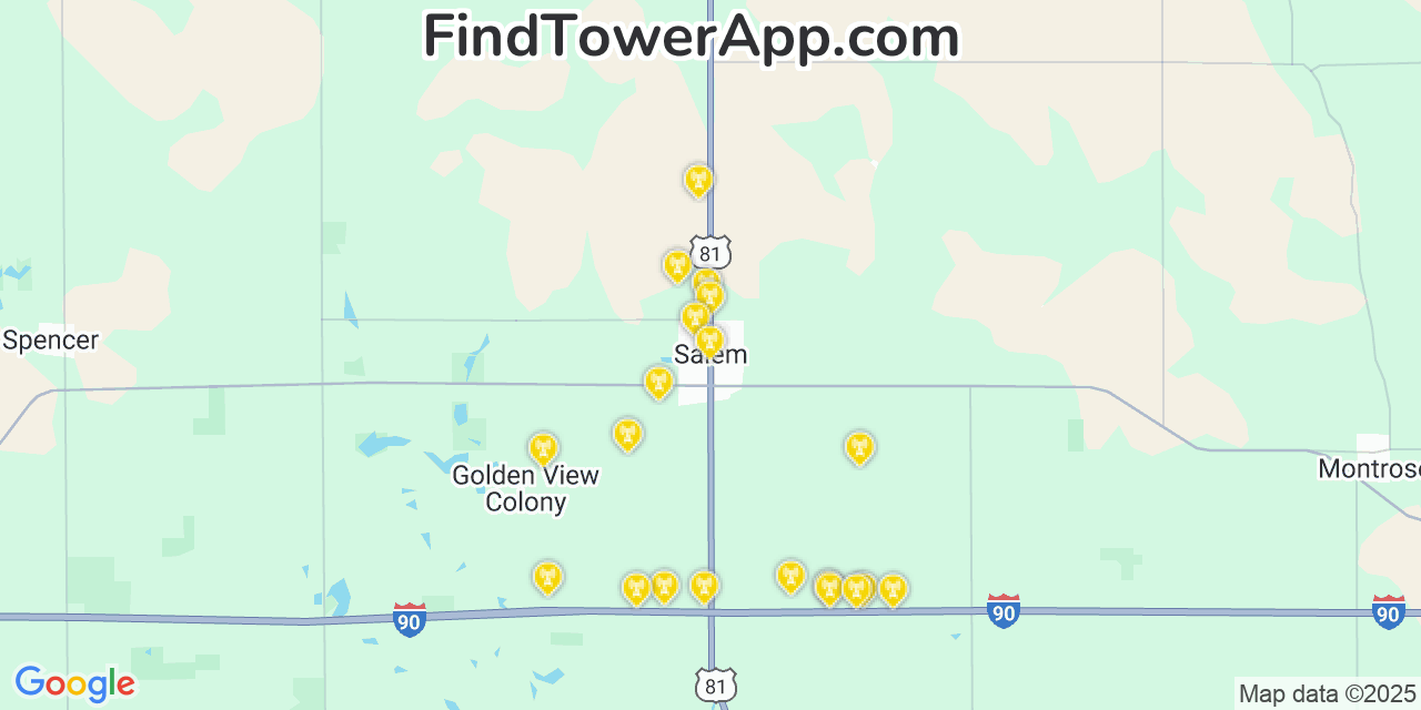 Map showing the 20 primary cell tower locations detected in Salem, South Dakota from AT&T, Verizon, and T-Mobile networks
